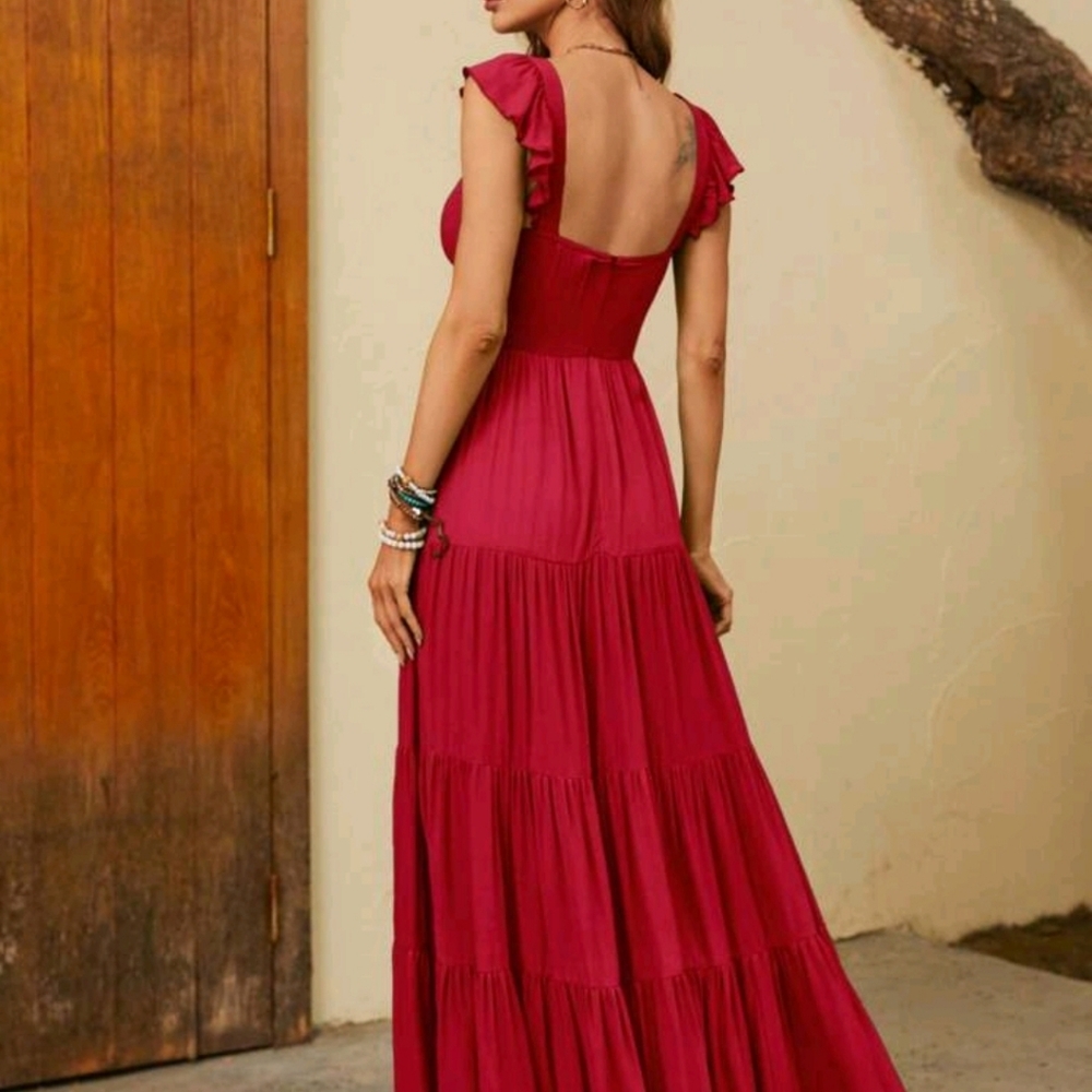 Solid Red Ruffle Hem Long Dress - Picture 4 of 9
